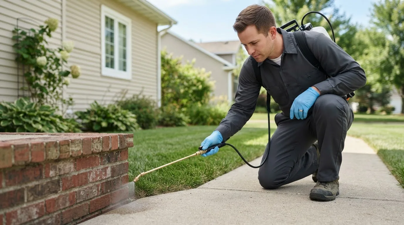 Pest control technician treating a home near Idaville, IN